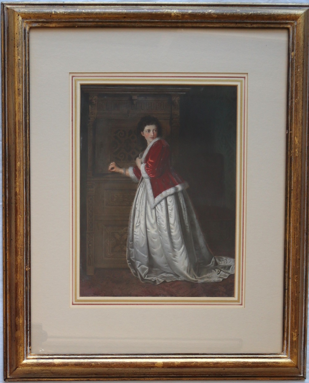 M W Ganglais A full length portrait of a maiden in a fur lined cape Watercolour Signed and dated - Image 2 of 4