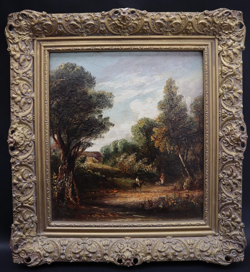 In the manner of Joseph Paul Figures in a landscape Oil on board 25 x 22.