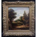 In the manner of Joseph Paul Figures in a landscape Oil on board 25 x 22.