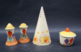 A Clarice Cliff pottery crocus pattern cruet comprising a mustard pot and cover,