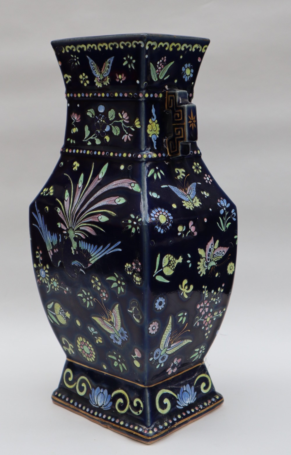 A large Chinese porcelain twin handled vase of rectangular baluster form with a royal blue ground - Image 2 of 9