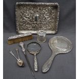 An Edward VIII silver rectangular dressing table tray decorated with flowers, leaves and scrolls,