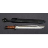 A short sword, with a fullered blade and wooden crosshatched handle with a leather scabbard,