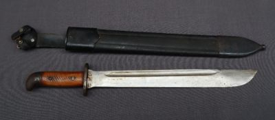 A short sword, with a fullered blade and wooden crosshatched handle with a leather scabbard,