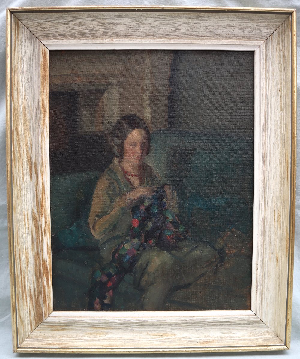 20th Century British School Portrait of a lady in an interior Oil on canvas 44.