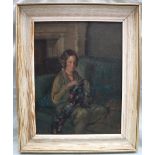 20th Century British School Portrait of a lady in an interior Oil on canvas 44.
