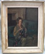 20th Century British School Portrait of a lady in an interior Oil on canvas 44.