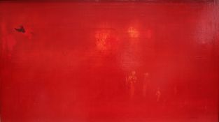 John Barker Abstract in red, with figures in the foreground Oil on board Signed and dated '98 50.