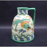 A Charlotte Rhead pottery dragon jug with a cylindrical neck and beehive body, printed,