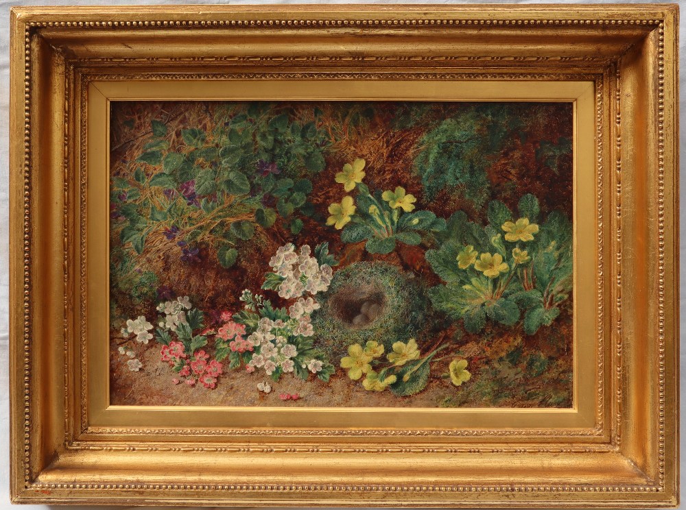 George Clare Still life study of a birds nest, eggs and flowers Oil on board Signed 29.5 x 44.