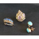A 9ct gold five stone ring together with a pair of turquoise set earrings,