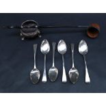A twisted horn handled ladle together with a silver cauldron salt and silver tea spoons,
