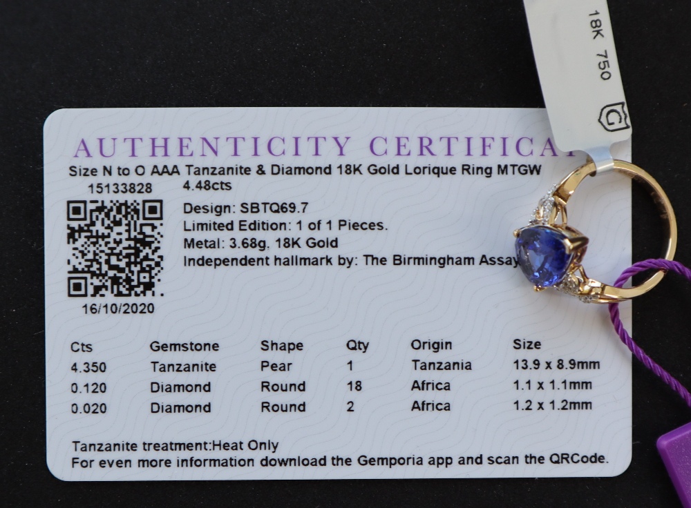 Gemporia - An 18ct gold Tanzanite Lorique ring, with a pear shaped 4. - Image 5 of 5