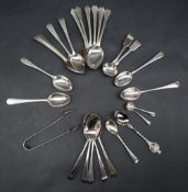 A set of five George III silver tea spoons, London, 1792, together with other tea spoons,