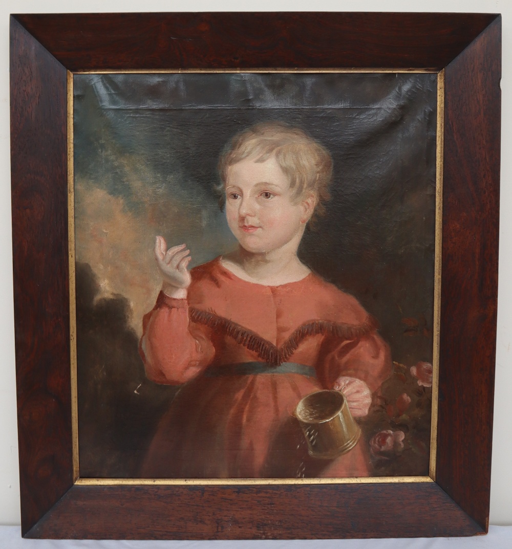 19th century British School Head and shoulders portrait of a young child holding a tankard Oil on - Bild 2 aus 4