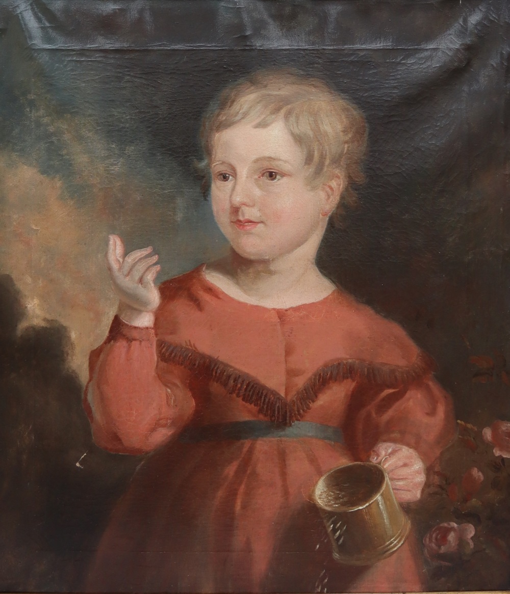 19th century British School Head and shoulders portrait of a young child holding a tankard Oil on