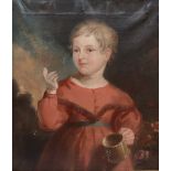 19th century British School Head and shoulders portrait of a young child holding a tankard Oil on