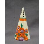 A Clarice Cliff pottery conical sugar sifter decorated in the Marguerite pattern,