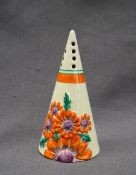 A Clarice Cliff pottery conical sugar sifter decorated in the Marguerite pattern,