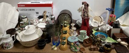 An oak cased mantle clock together with a cranberry glass jug, part tea sets, ConoScan,