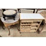 A pub table with a cast iron Britannia decorated base together with a tiled top kitchen unit and an