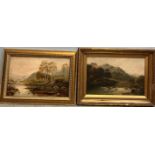 W J Crampton A river scene with a mountain in the background Oil on board Signed Together with a