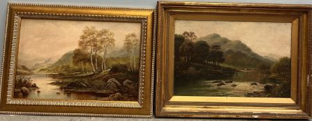 W J Crampton A river scene with a mountain in the background Oil on board Signed Together with a