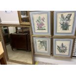 A large rectangular gilt wall mirror together with a small gilt wall mirror and four floral prints