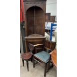 A Victorian mahogany hall chair together with an oak elbow chair and an oak standing corner