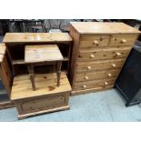 A pine chest of drawers together with a pine bookcase,