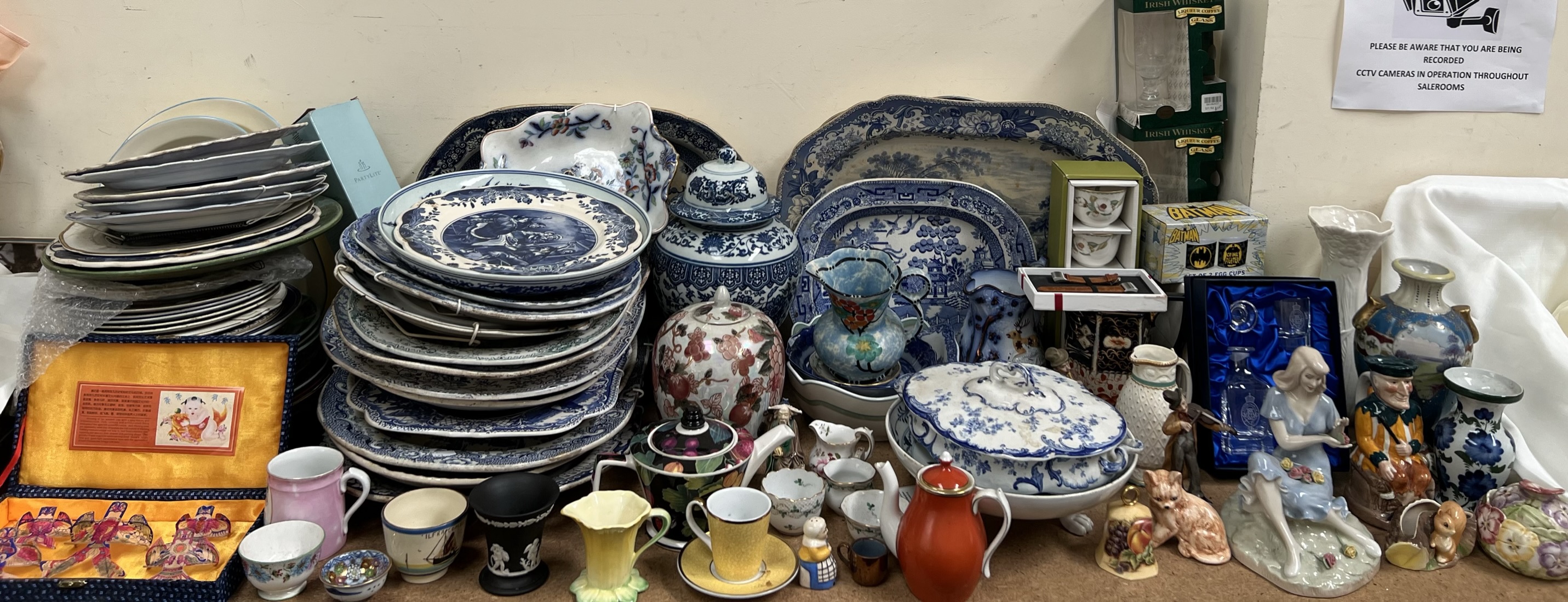 A Royal Doulton Reflection figure group together with a large quantity of blue and white pottery