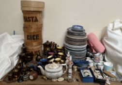 A collection of copper lustre together with pottery plates, Rice, Pasta and Beans storage boxes,