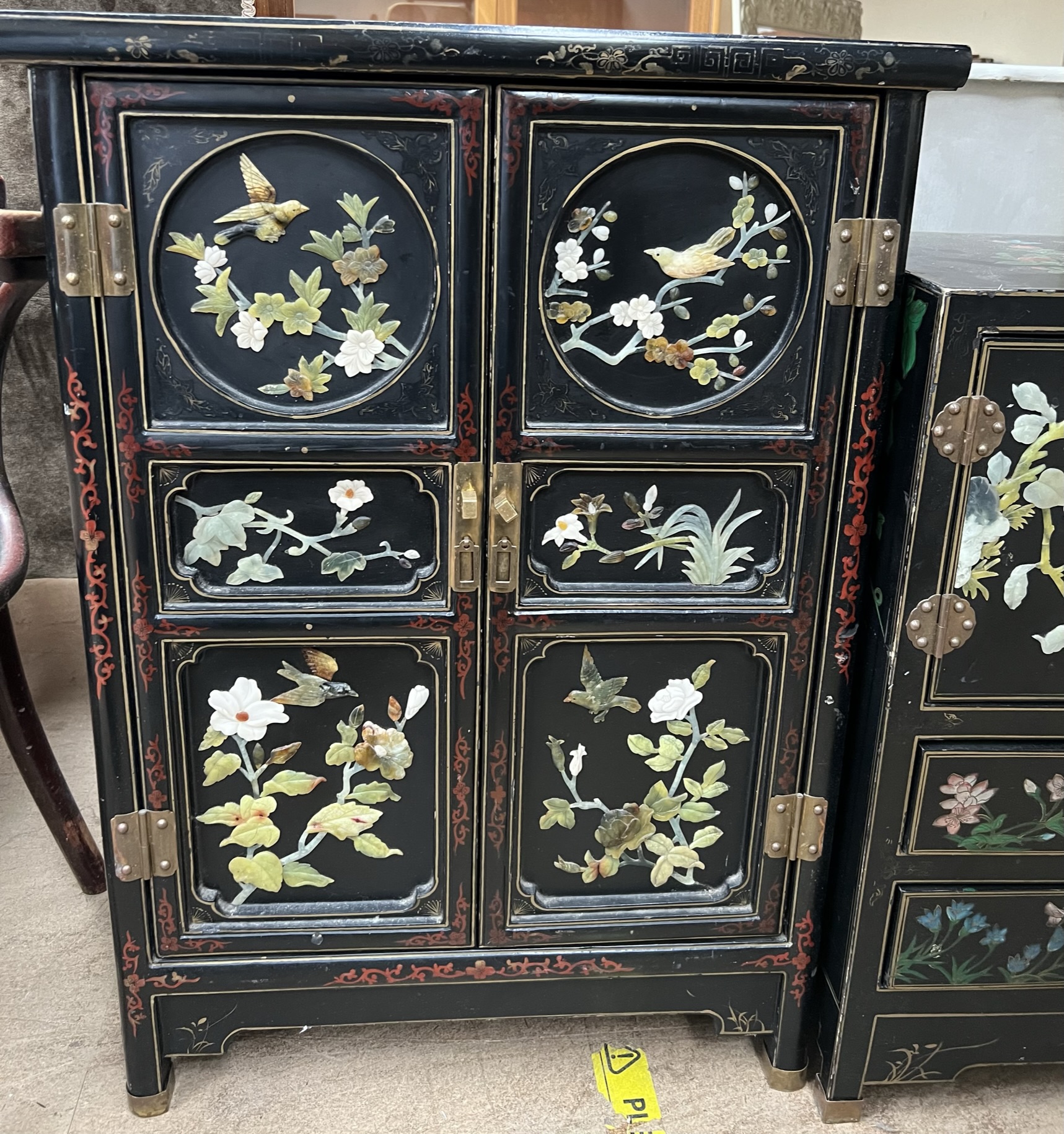 A Chinese black lacquer floral painted and hardstone inset side cabinet of rectangular form with a - Image 2 of 4