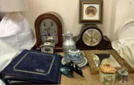 A mahogany mantle clock with a silvered dial together with an oak mantle clock, chrome Jaz clock,