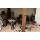 A pair of Japanese bronze vases, together with a brass tray, assorted epns,