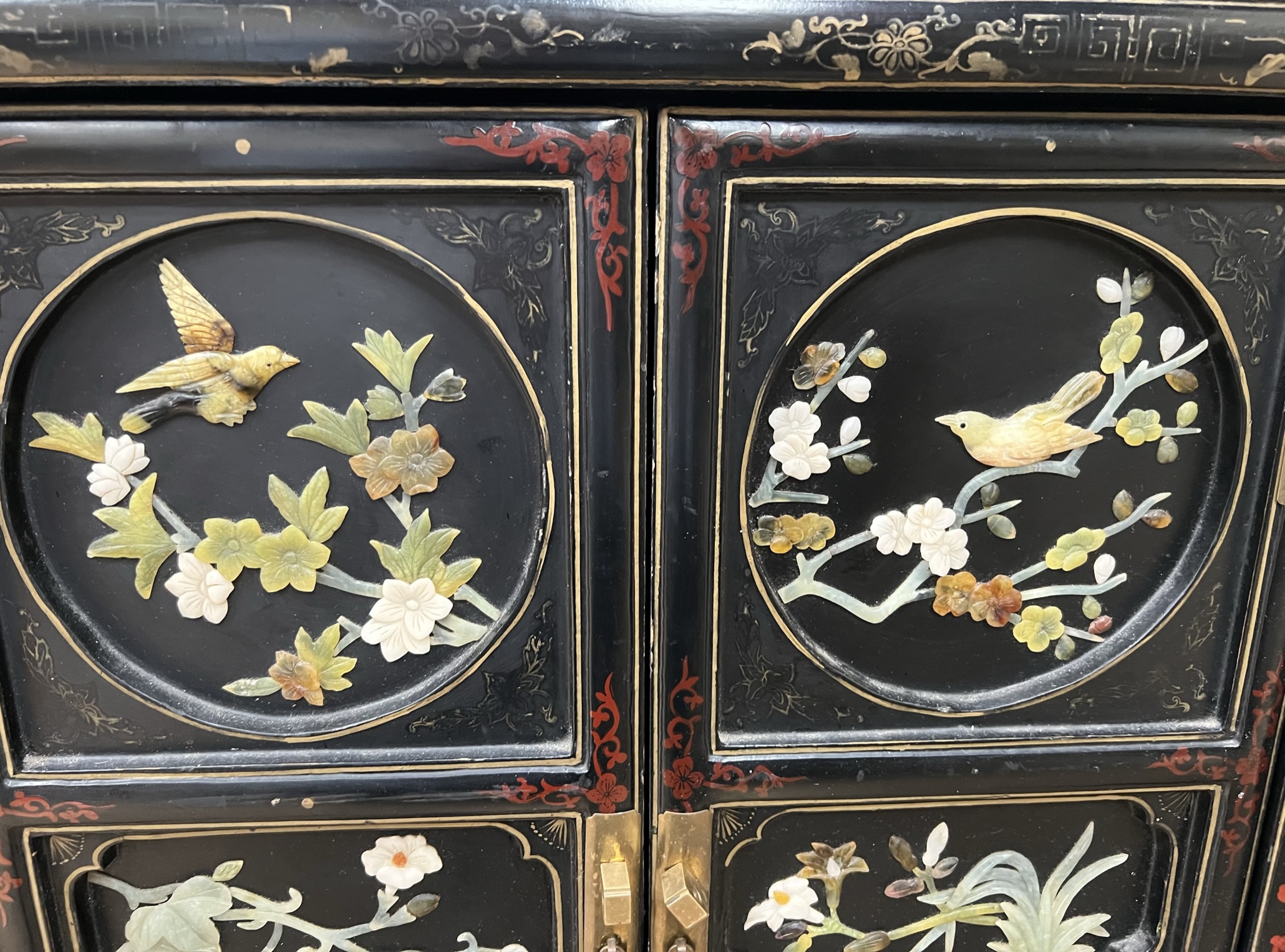 A Chinese black lacquer floral painted and hardstone inset side cabinet of rectangular form with a - Image 3 of 4