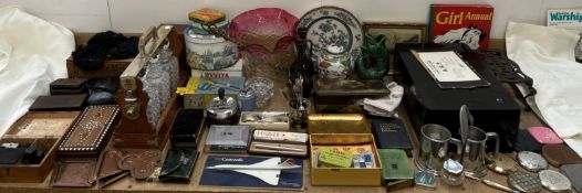 A Mappin tantalus together with a glass lamp shade, plates, ginger jar and cover, boxes, camera,
