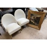 A pair of cream coloured faux wicker chairs together with an oil painting of a sailing ship on a