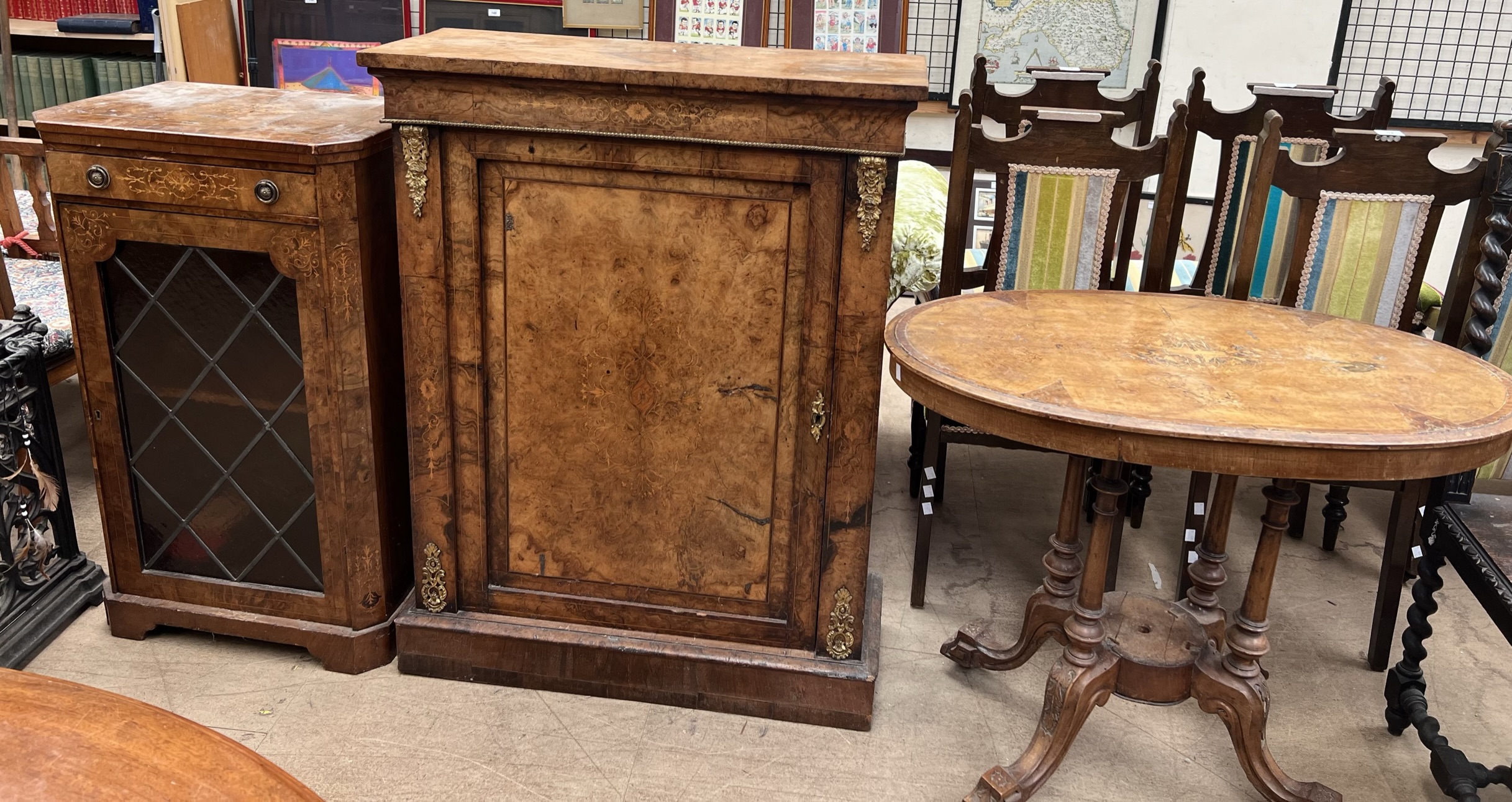 A Victorian burr walnut side cabinet together with a Victorian burr walnut music cabinet and a - Image 2 of 2