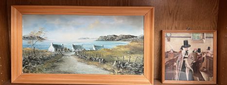 G Tomos Seascape with cottages on a headland Oil on canvas Signed Together with a Salem print