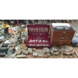 A silver backed part dressing table set together with a silver tea strainer and base and assorted