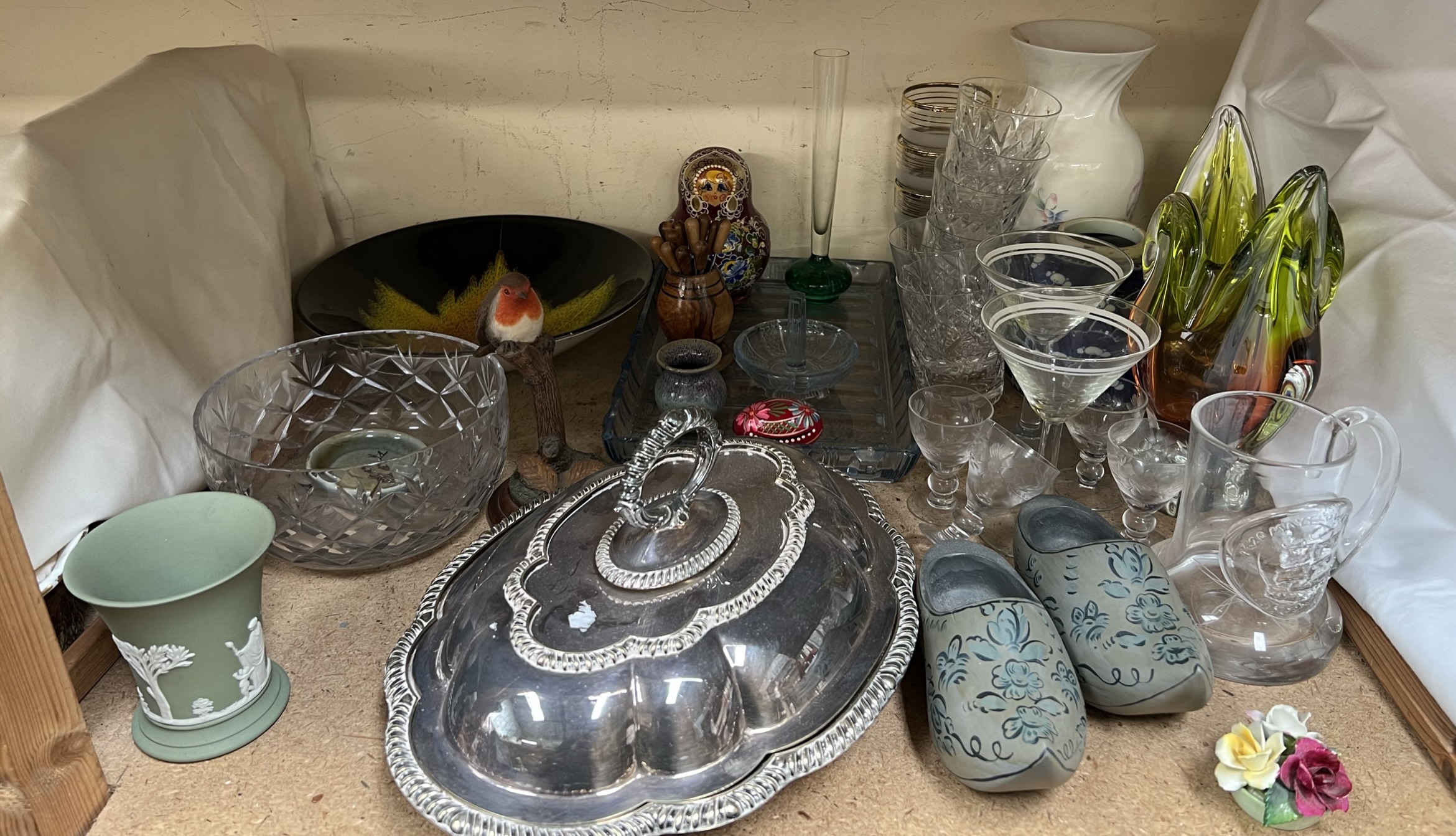 An electroplated entree dish and cover together with a Chinese prunus blossom pattern ginger jar,