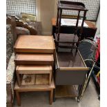 A mid 20th century tiled top table together with a nest of three tables, hostess trolley,