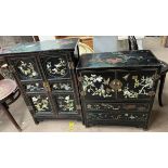 A Chinese black lacquer floral painted and hardstone inset side cabinet of rectangular form with a