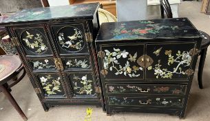 A Chinese black lacquer floral painted and hardstone inset side cabinet of rectangular form with a
