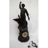 A French spelter clock depicting a fisherman on a boat preparing to throw a harpoon (missing) the