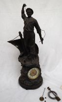 A French spelter clock depicting a fisherman on a boat preparing to throw a harpoon (missing) the