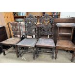 A pair of carved oak dining chairs with leather seats on turned legs together with two 18th century