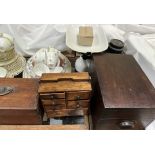 An Avery scales together with a tea caddy, table top chest, treen box, a Paragon part tea service,