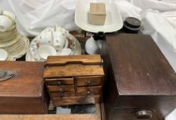 An Avery scales together with a tea caddy, table top chest, treen box, a Paragon part tea service,